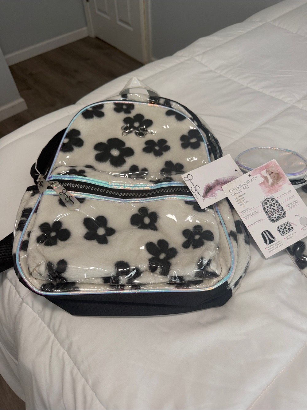 Jessica Simpson Cream and Black Floral Faux-Fur Backpack Value Set
